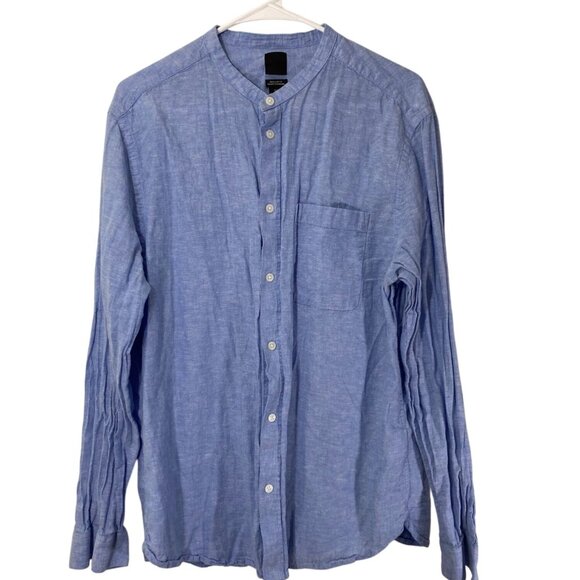 H&M Mens Shirt Large Linen-blend Band Collar Blue Long Sleeve Button Up Casual - Picture 1 of 8